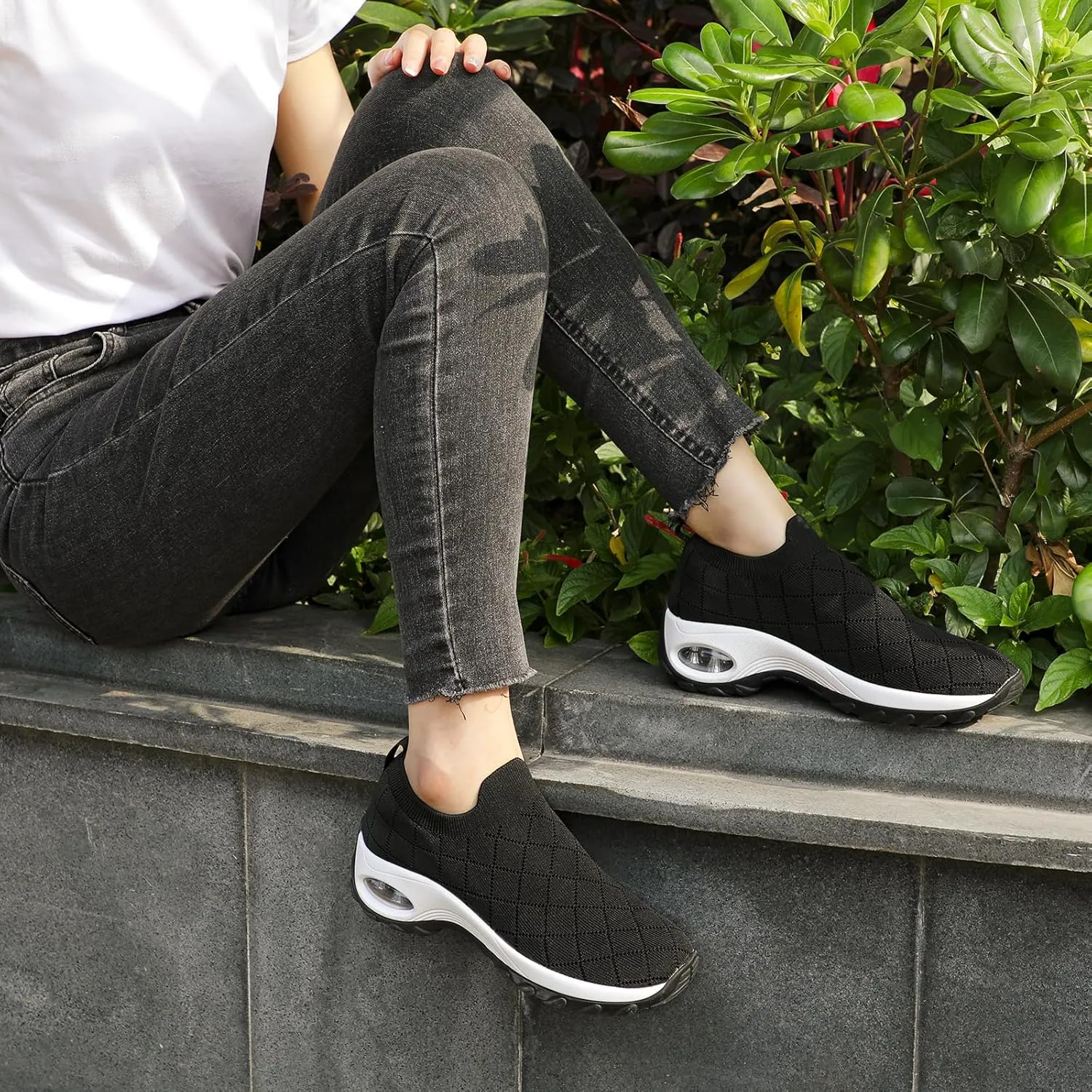 STQ Womens Walking Shoes with Arch Support Non Slip Work Shoes Quilted Slip on Sock Sneakers