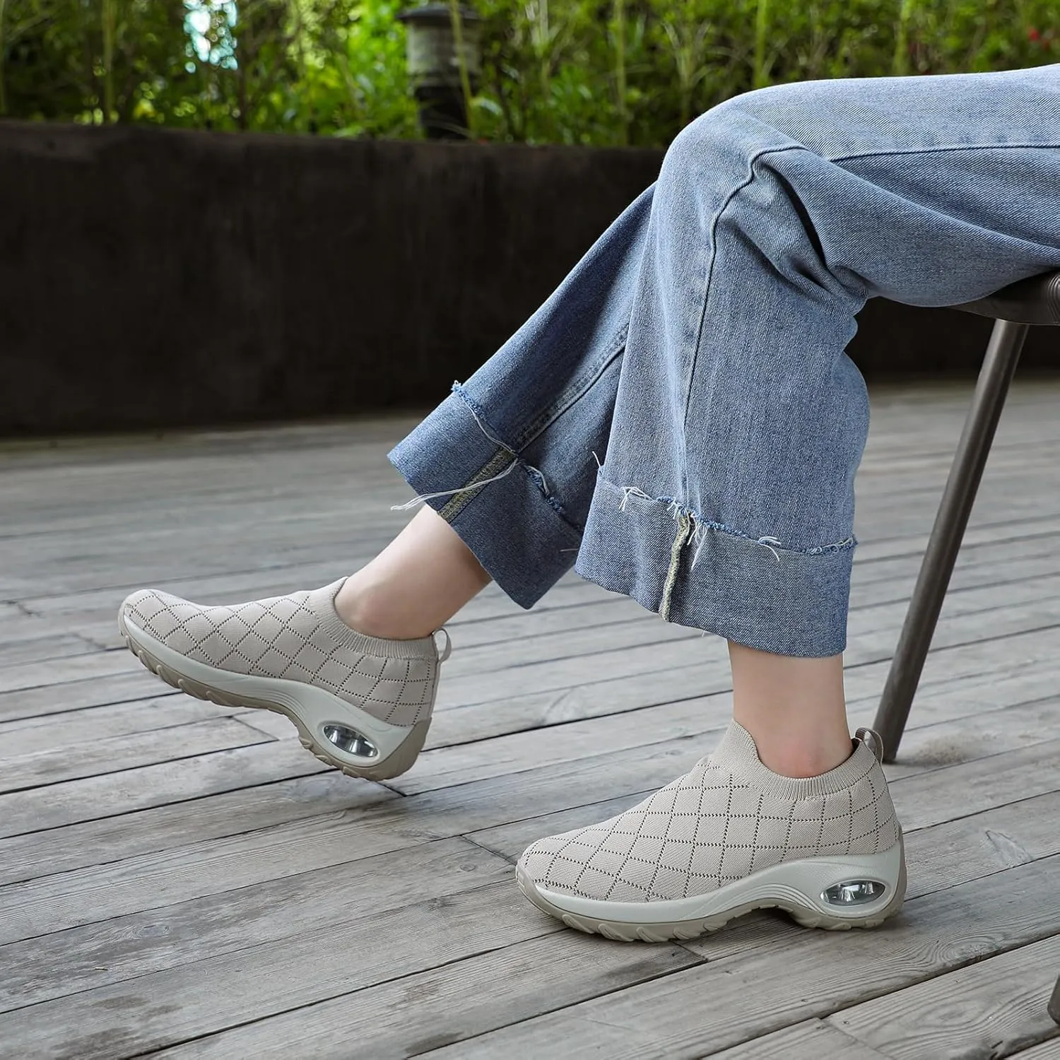 STQ Womens Walking Shoes with Arch Support Non Slip Work Shoes Quilted Slip on Sock Sneakers