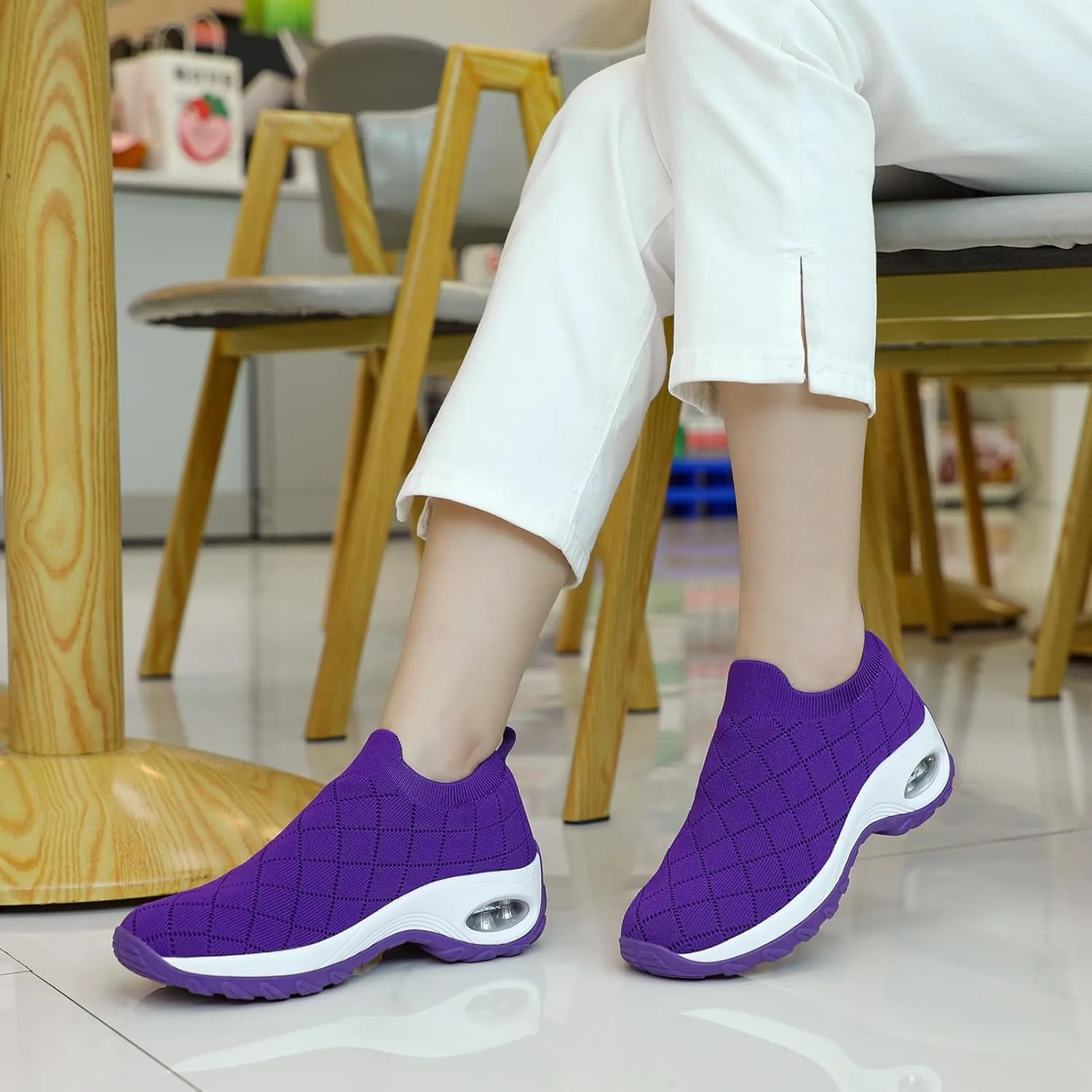 STQ Womens Walking Shoes with Arch Support Non Slip Work Shoes Quilted Slip on Sock Sneakers