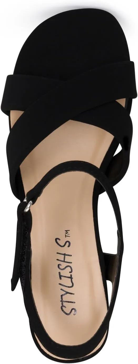 STYLISH S KHLOE-K Little Girls Round Open Toe Criss Cross Ankle Hook and Loop Strap Low Block Heel Dress Sandals