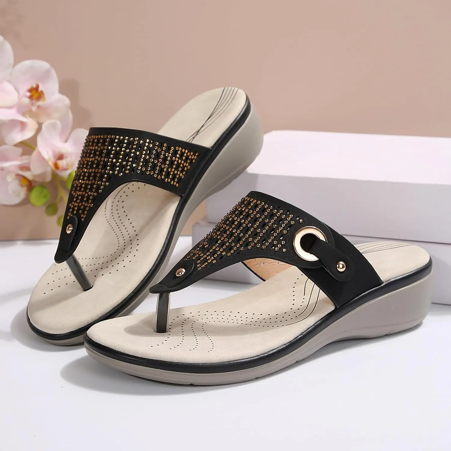 SuanlaTDS Orthopedic Sandals for Women Wedge Flip Flops Summer Dressy Walking Slippers with Arch Support Comfortable Slip-on Boho Beach Shoes Low Heel Elegant Platform Wedges Slides Sandal