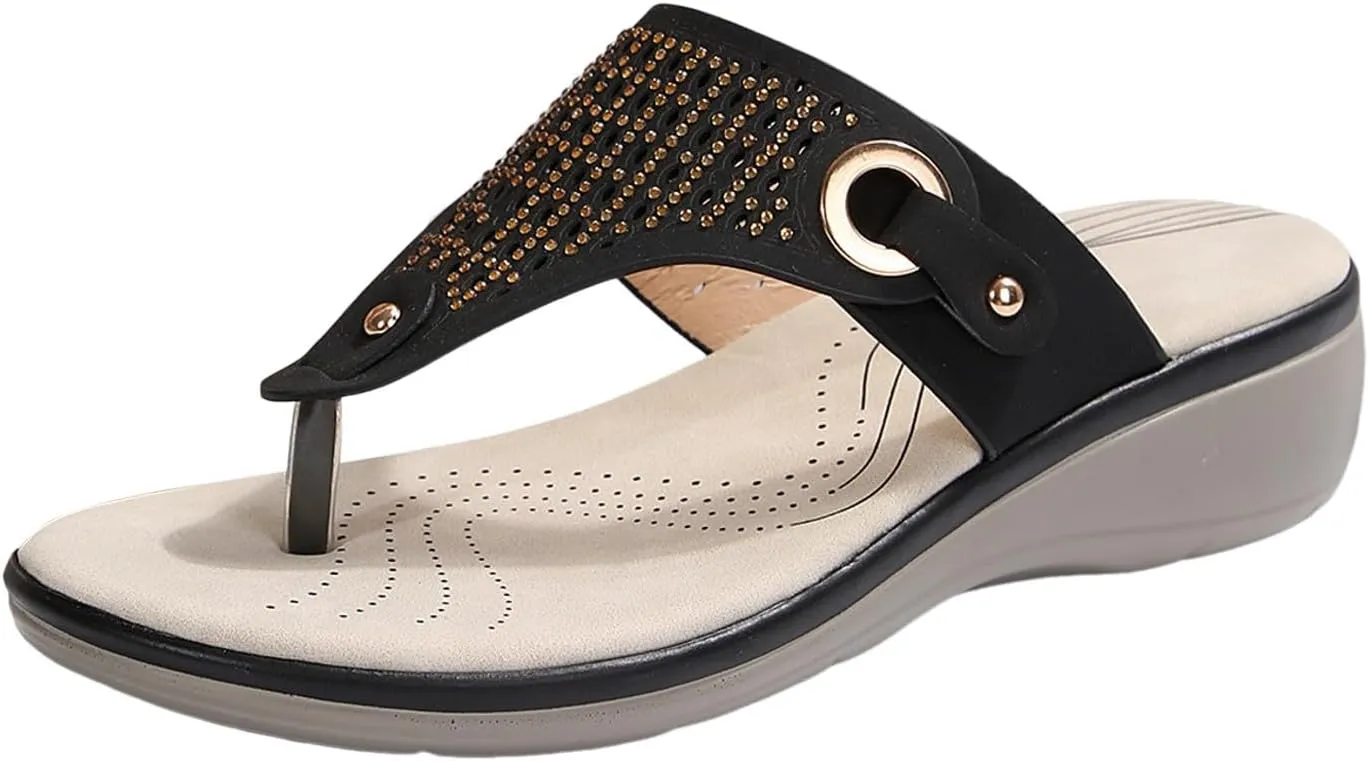 SuanlaTDS Orthopedic Sandals for Women Wedge Flip Flops Summer Dressy Walking Slippers with Arch Support Comfortable Slip-on Boho Beach Shoes Low Heel Elegant Platform Wedges Slides Sandal
