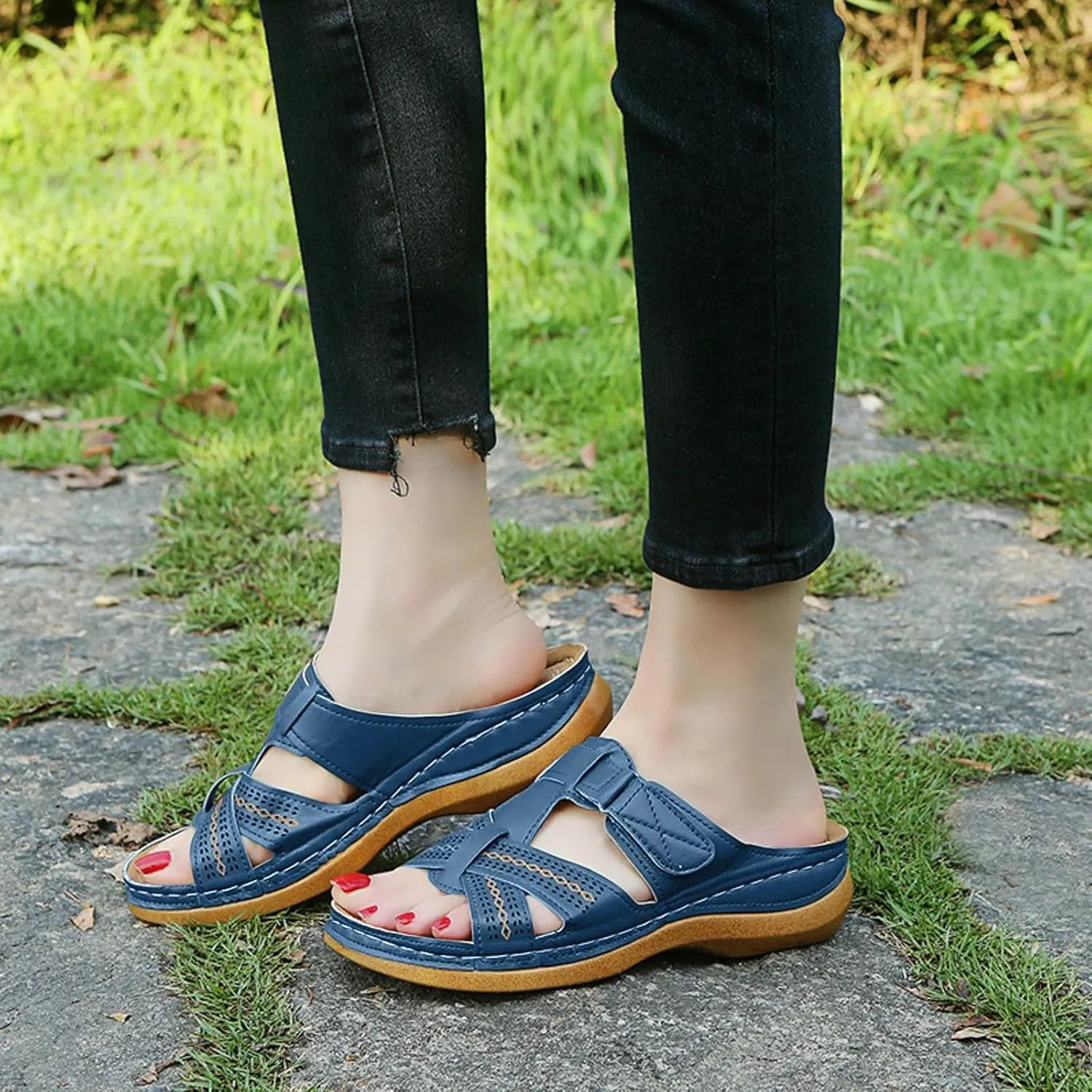 SuanlaTDS Orthopedic Sandals for Women Wedge Summer Dressy Comfortable Arch Support Slip On Platform Beach Walking Shoes 2025 Outdoor Open Toe Low Heels Boho Party Slide Sandal Slippers