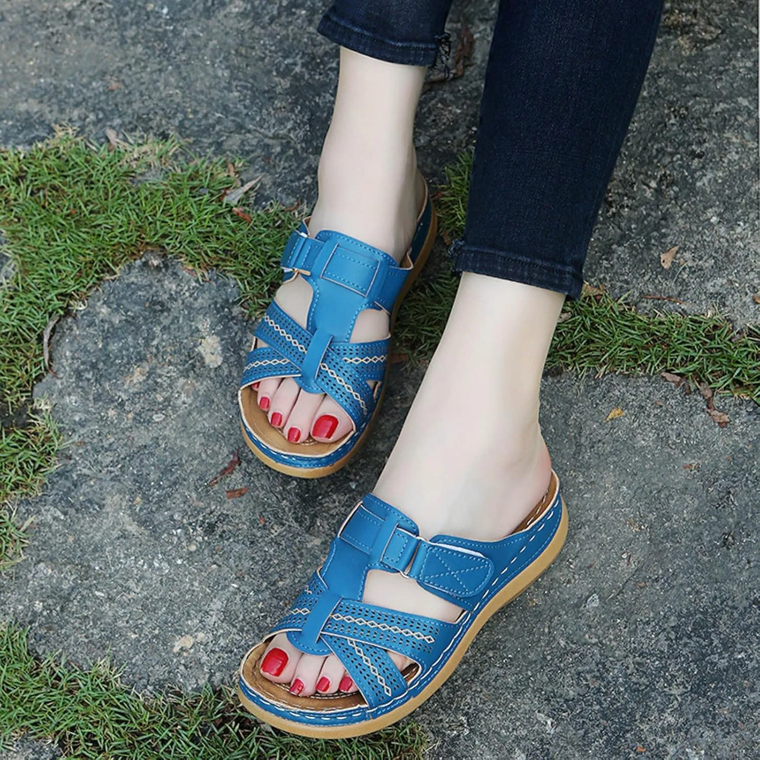 SuanlaTDS Orthopedic Sandals for Women Wedge Summer Dressy Comfortable Arch Support Slip On Platform Beach Walking Shoes 2025 Outdoor Open Toe Low Heels Boho Party Slide Sandal Slippers