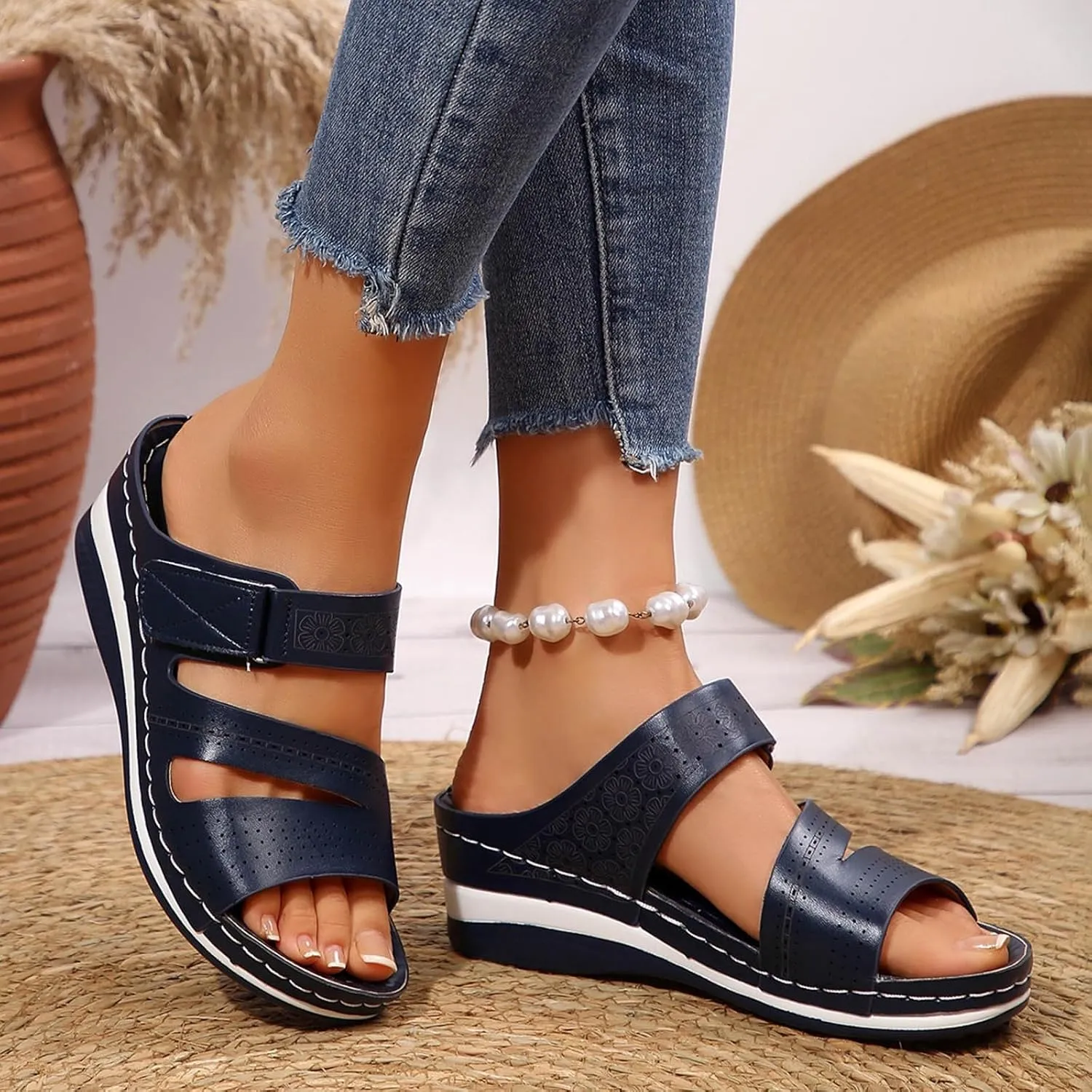 SuanlaTDS Wedge Sandals for Women Comfortable Platform Open Toe Slip On Orthopedic Sandals with Arch Support High Heels Slide Sandals Casual Summer Beach Boho Outdoor Walking Shoes