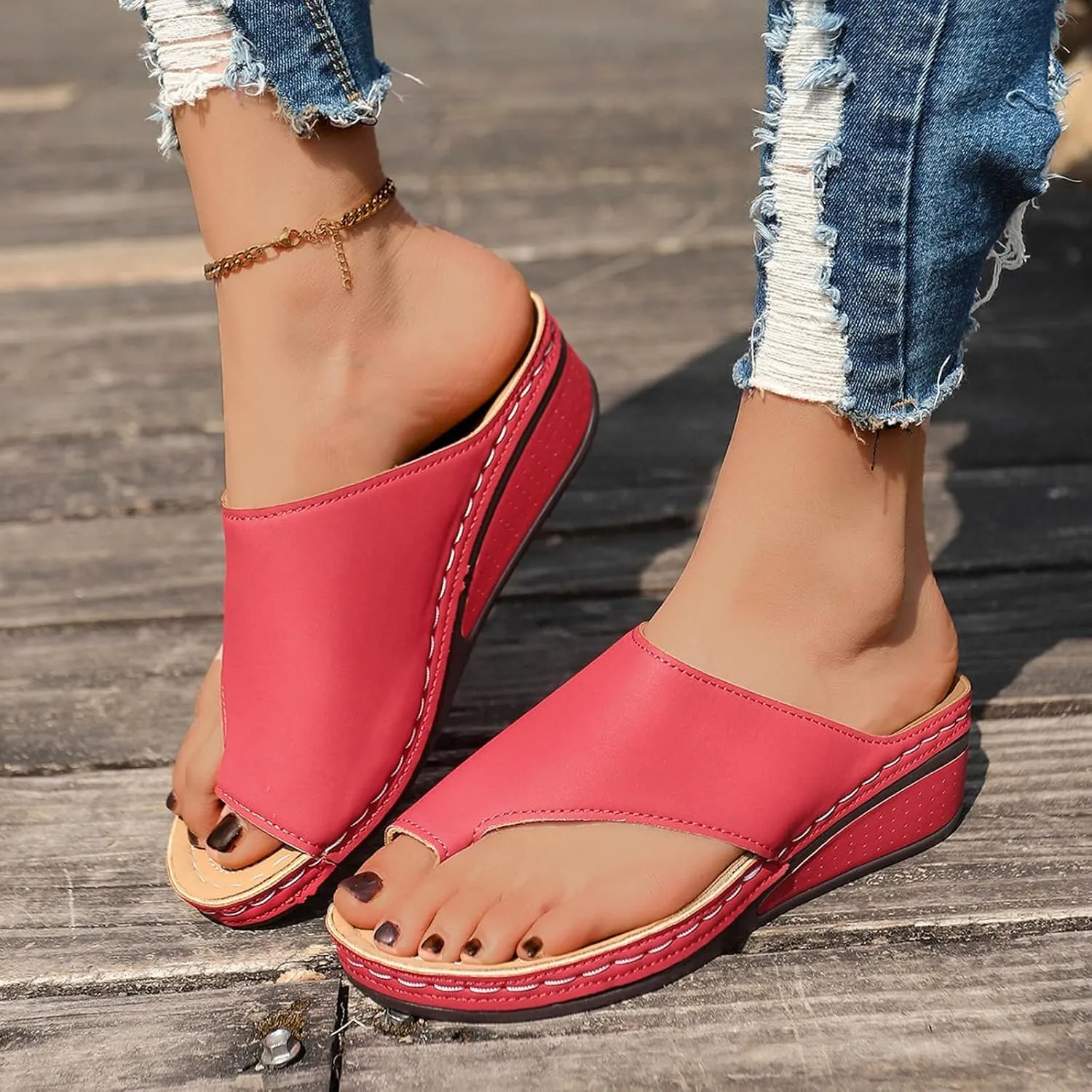 SuanlaTDS Women's Orthopedic Sandals Wedge Flip Flops Dressy Summer 2025 Orthotic Cushion Toe Ring Slip-on Boho Platform Outdoor Beach Shoes Daily Wear Low Heel Slides Slippers with Arch Support