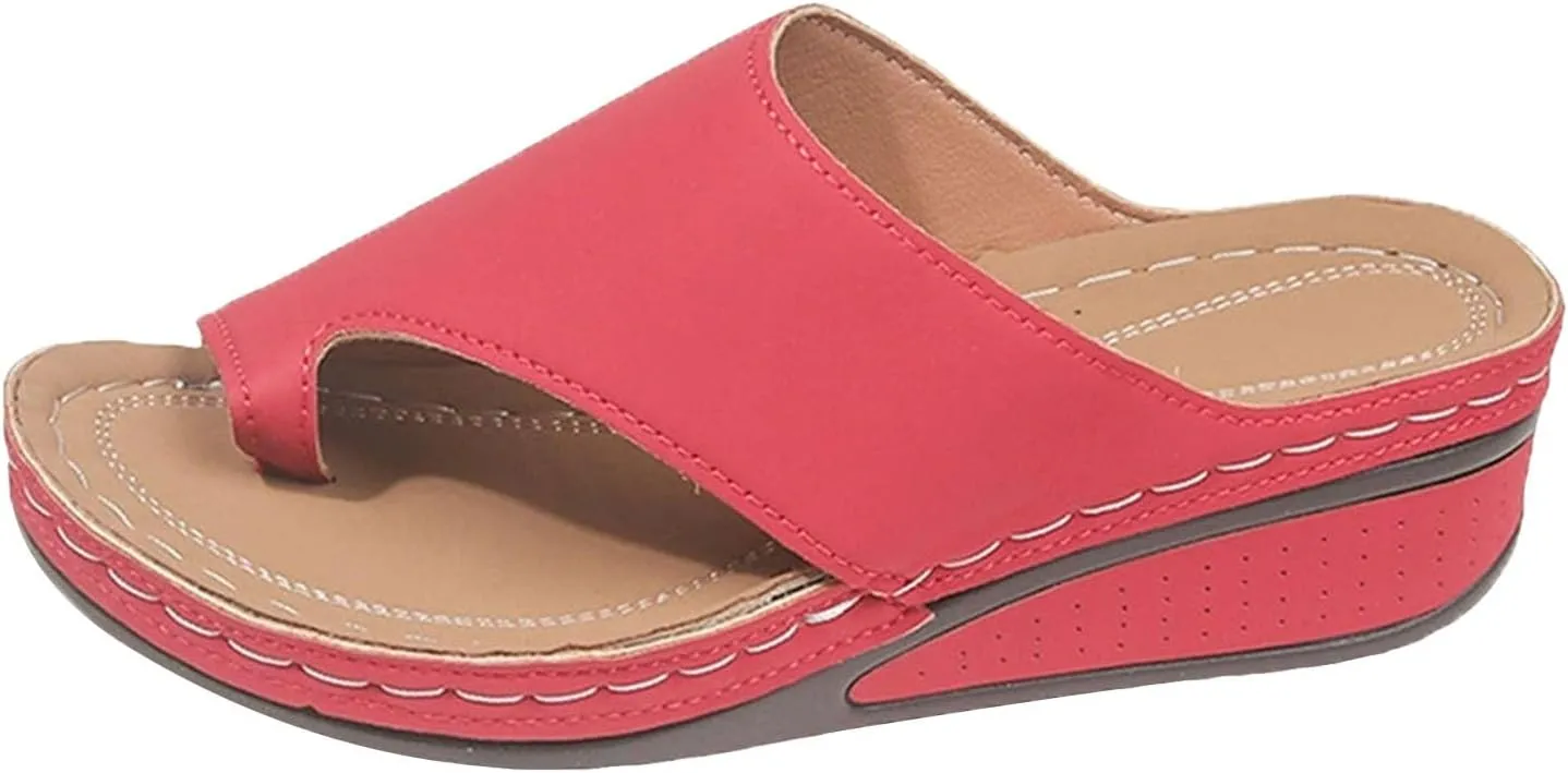 SuanlaTDS Women's Orthopedic Sandals Wedge Flip Flops Dressy Summer 2025 Orthotic Cushion Toe Ring Slip-on Boho Platform Outdoor Beach Shoes Daily Wear Low Heel Slides Slippers with Arch Support