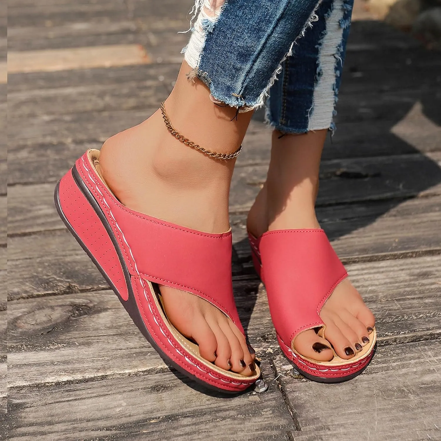 SuanlaTDS Women's Orthopedic Sandals Wedge Flip Flops Dressy Summer 2025 Orthotic Cushion Toe Ring Slip-on Boho Platform Outdoor Beach Shoes Daily Wear Low Heel Slides Slippers with Arch Support