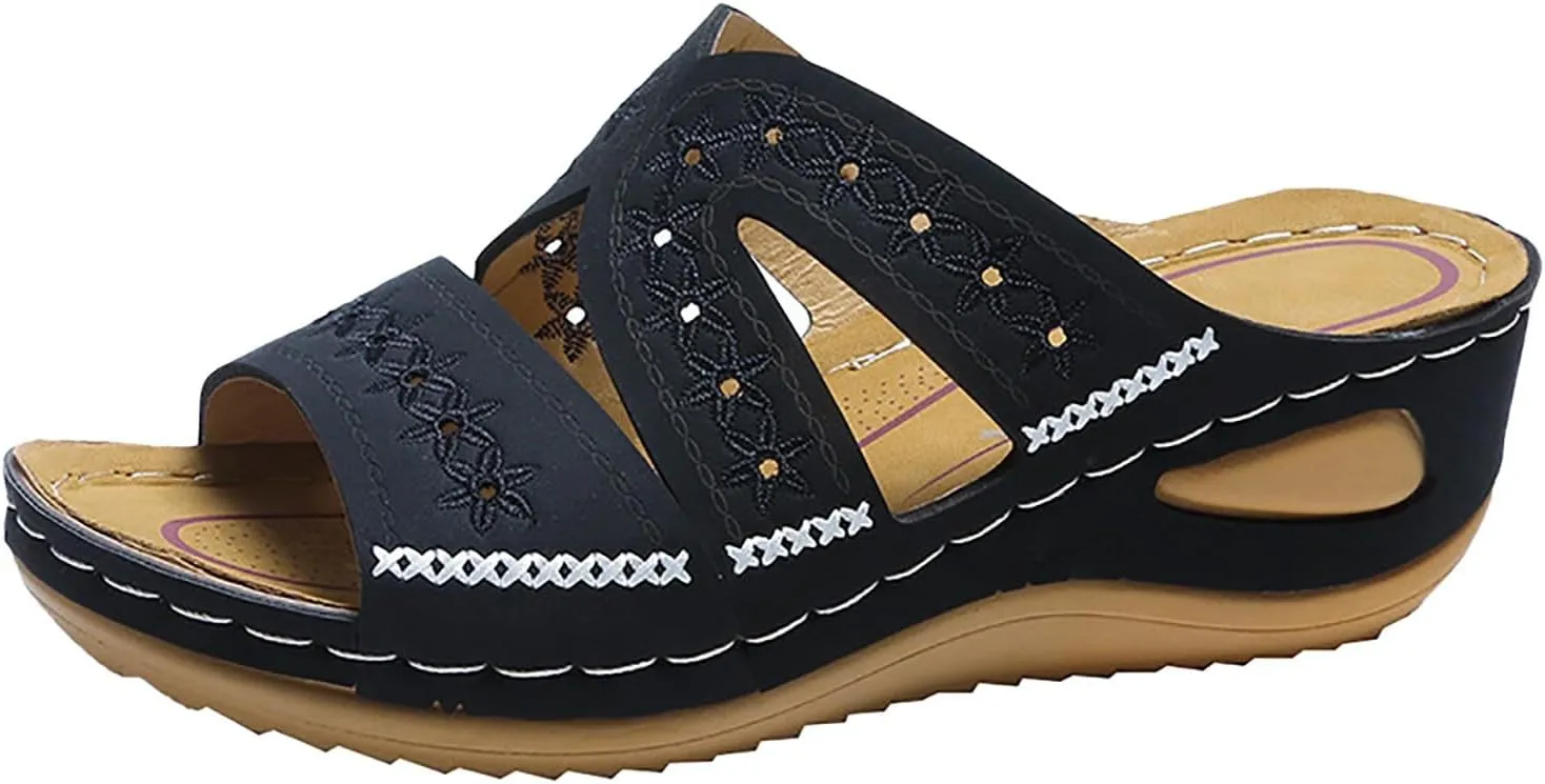SuanlaTDS Womens Wedge Sandals Dressy Soft Leather Platform Open Toe Comfortable Walking Sandals with Arch Support Casual Summer Beach Low Heels Slip on Wedges Slides Sandals