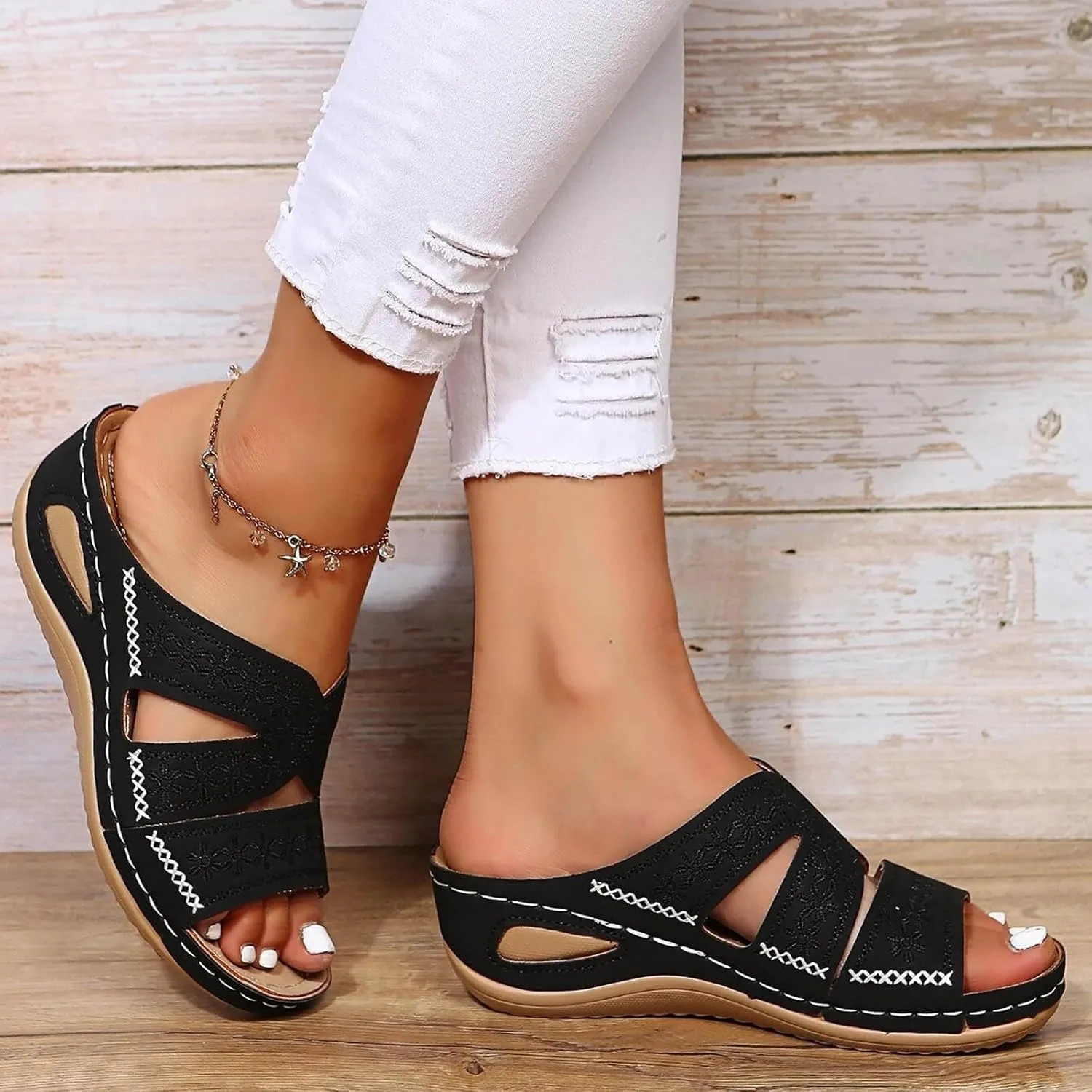 SuanlaTDS Womens Wedge Sandals Dressy Soft Leather Platform Open Toe Comfortable Walking Sandals with Arch Support Casual Summer Beach Low Heels Slip on Wedges Slides Sandals