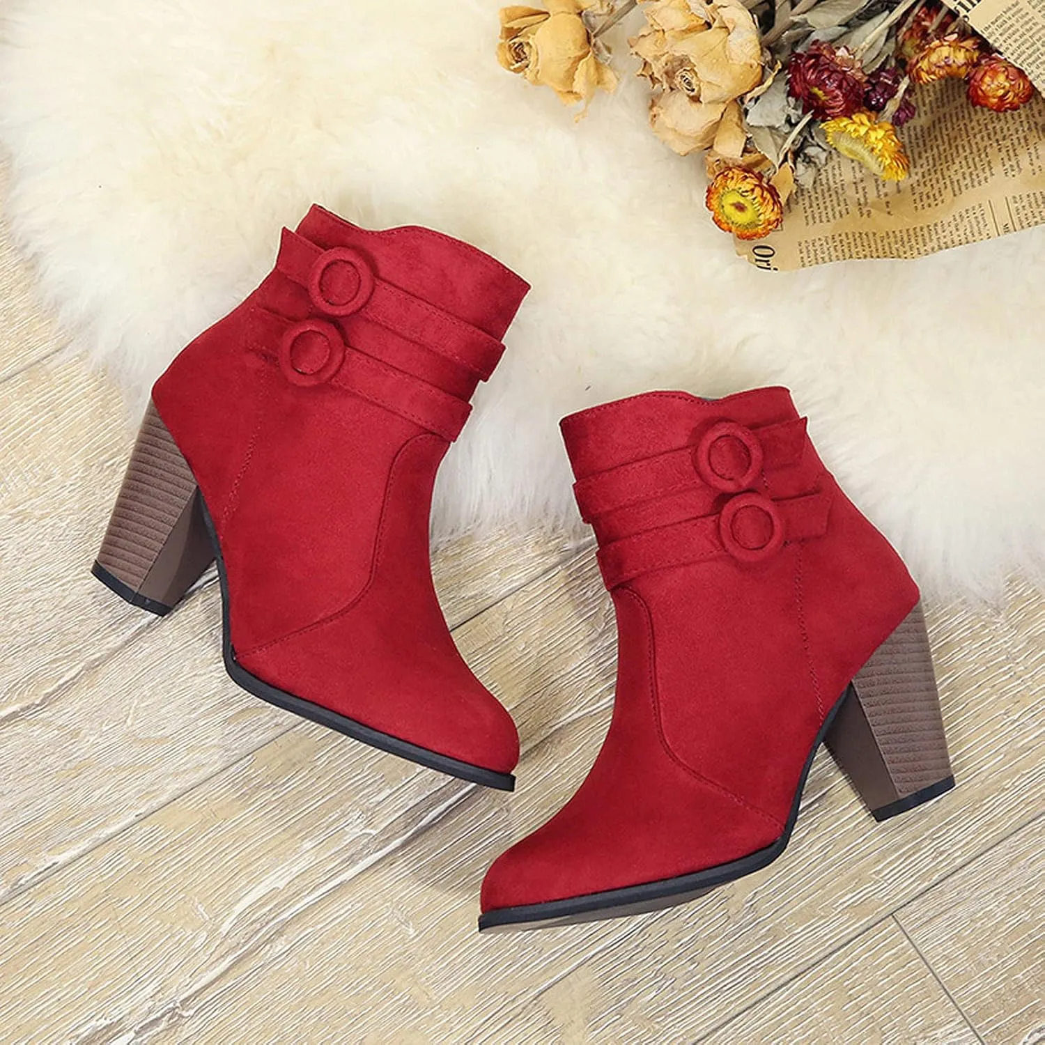 Suede Ankle Boots for Women Vintage Double Buckle Side Zipper Pointed Toe Square Chunky High-heeled Short Booties Solid Retro Non-slip Shoes