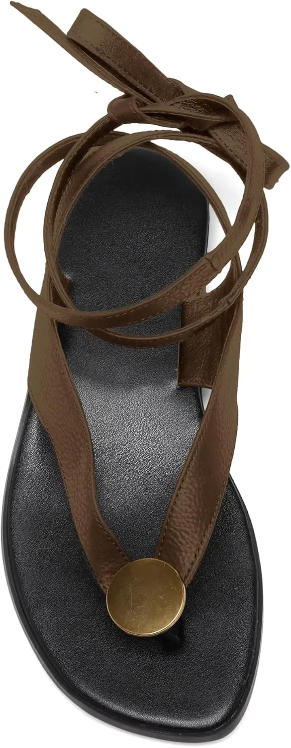 Suede Flat Sandals for Women Cute Ankle Strappy Thong Sandals Ladies Summer Dress Flip Flops with Metal Circular