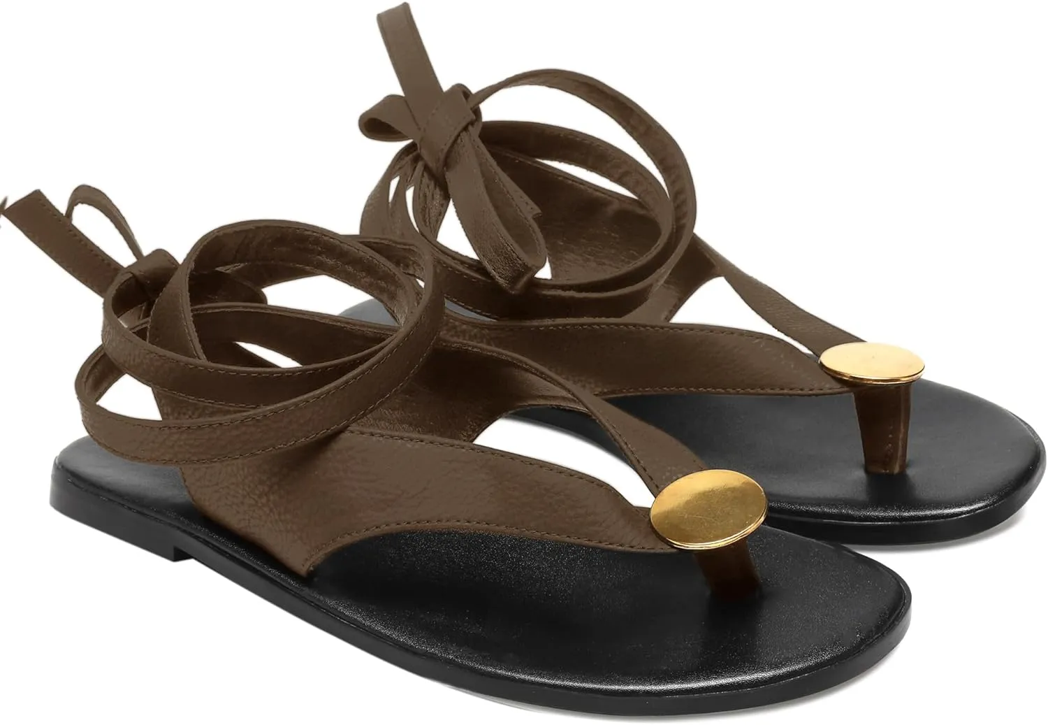 Suede Flat Sandals for Women Cute Ankle Strappy Thong Sandals Ladies Summer Dress Flip Flops with Metal Circular