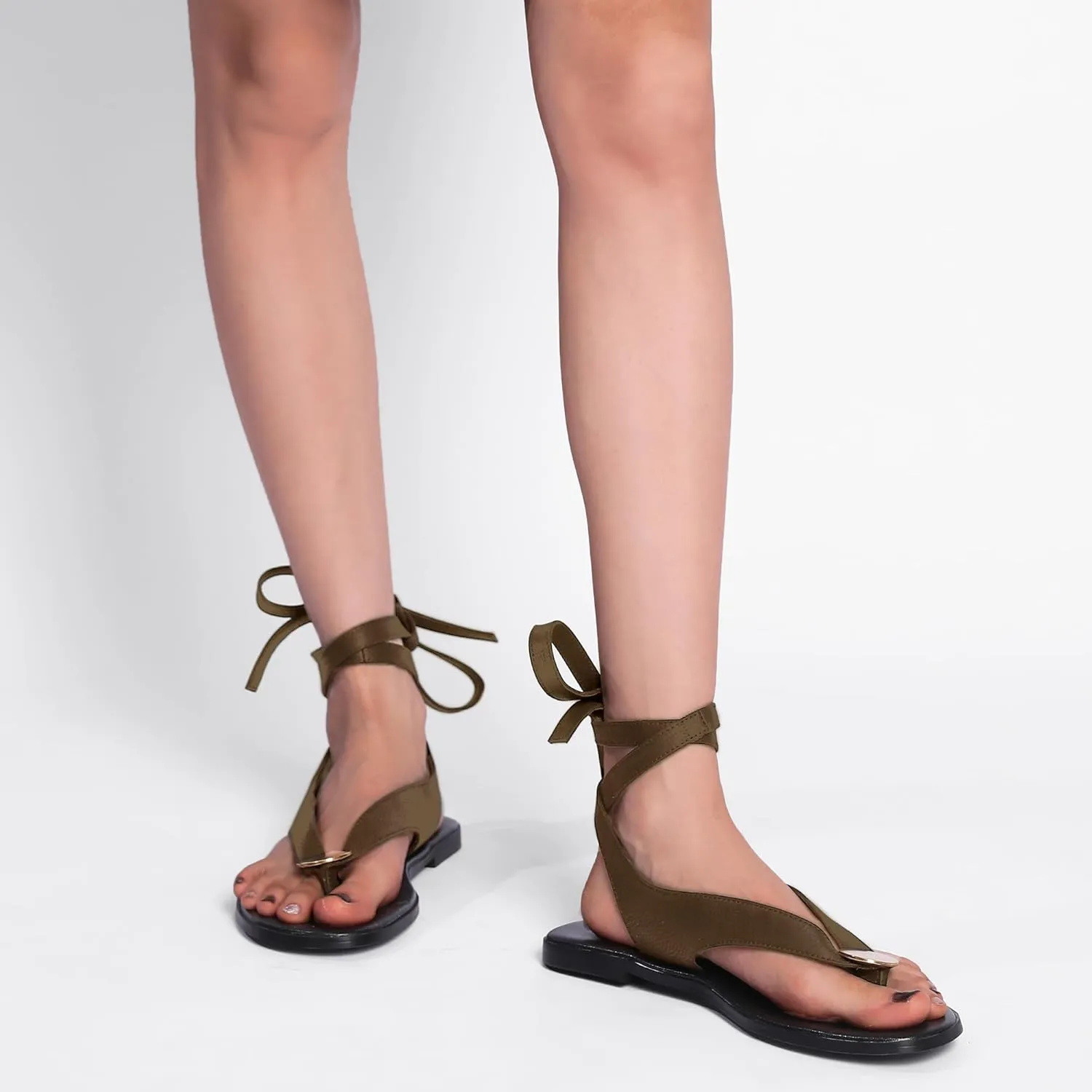 Suede Flat Sandals for Women Cute Ankle Strappy Thong Sandals Ladies Summer Dress Flip Flops with Metal Circular