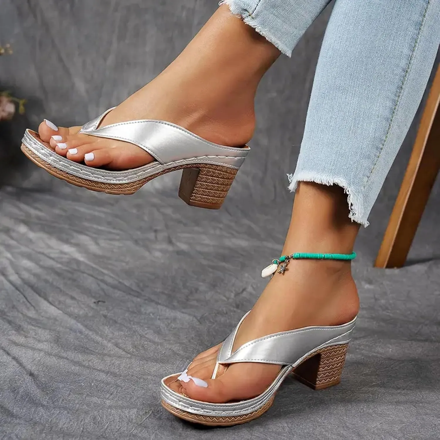 Summer Sandals for Women 2025 Trendy Orthopedic Dressy Chunky Heels Arch Support Comfort Slip-On Open Toe Heeled Flip Flops Bridal Party Wedding Shoes Casual Wedge Thong Sandal
