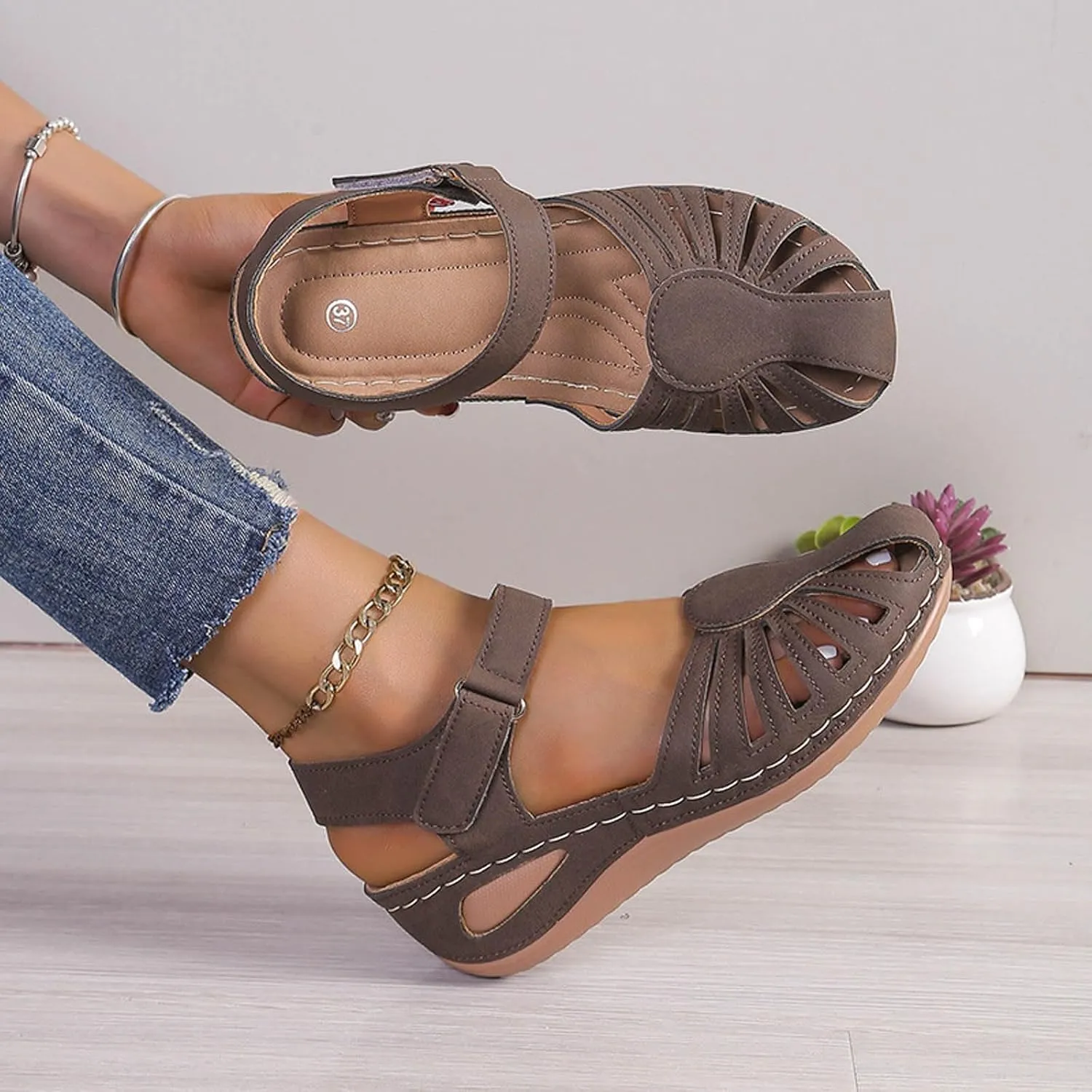 Summer Wedge Sandals For Women Dressy 2025,Arch Support Comfortable Beach Walking Open Toe Flock Platform Sandals Casual Slip on Outdoor Shoes ﻿