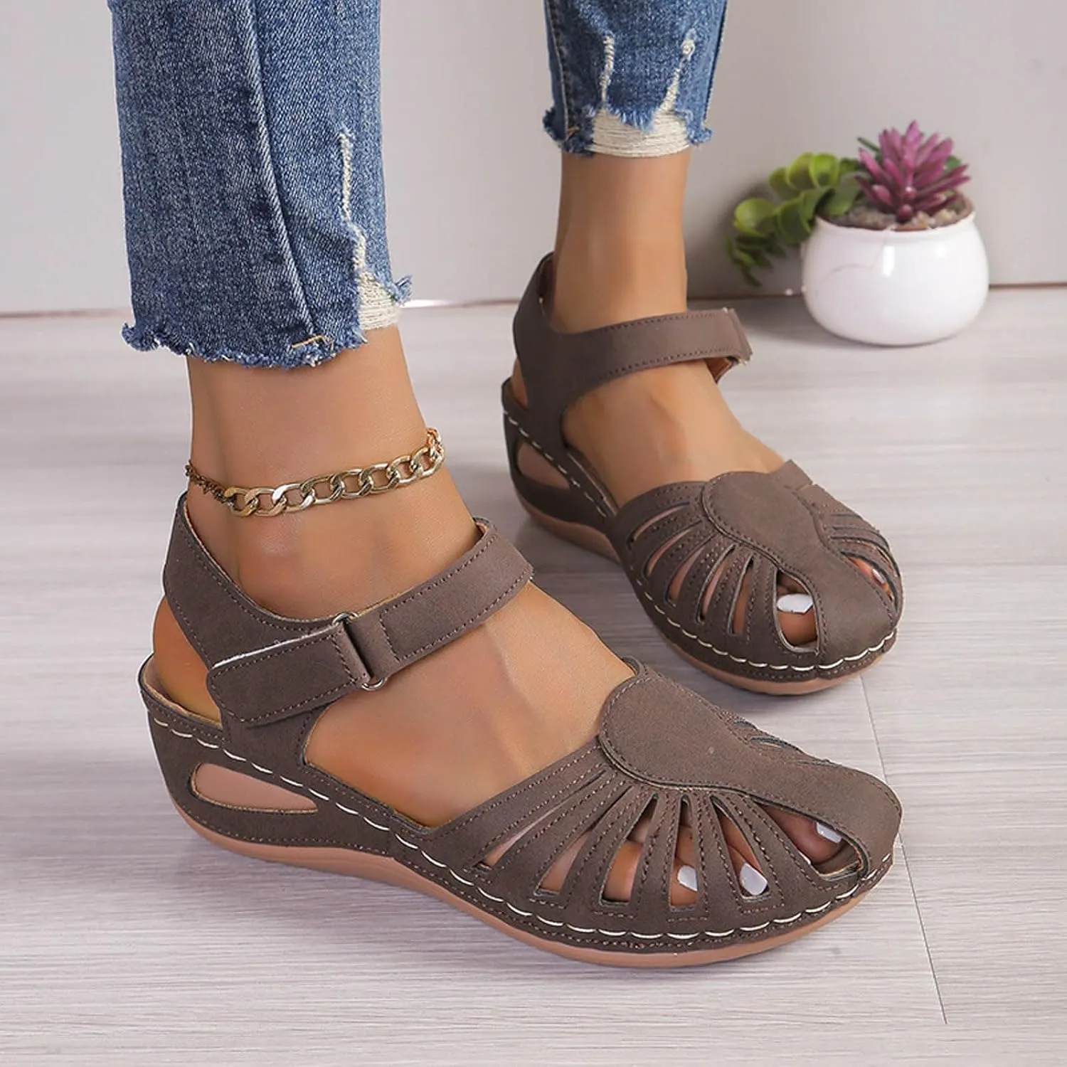 Summer Wedge Sandals For Women Dressy 2025,Arch Support Comfortable Beach Walking Open Toe Flock Platform Sandals Casual Slip on Outdoor Shoes ﻿