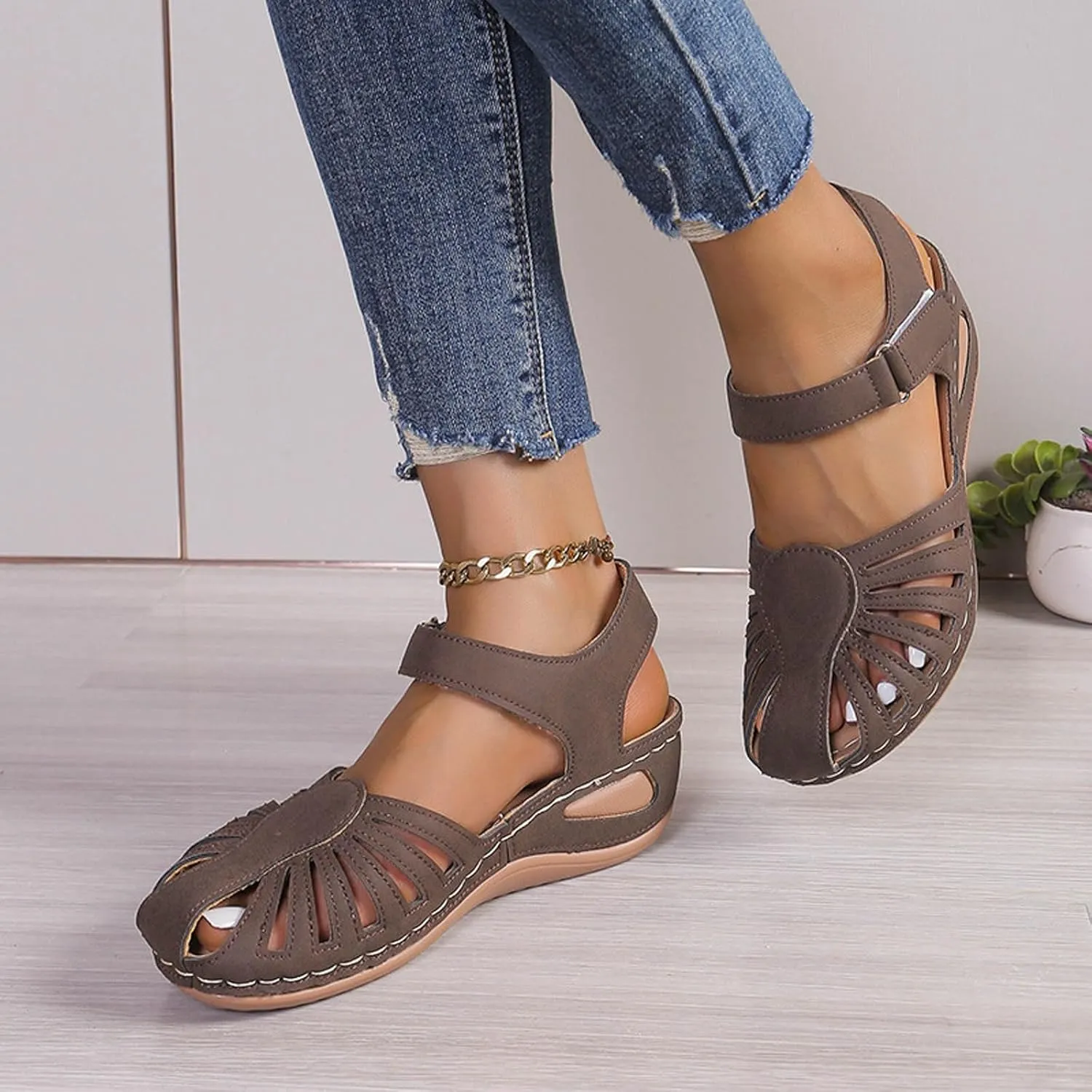 Summer Wedge Sandals For Women Dressy 2025,Arch Support Comfortable Beach Walking Open Toe Flock Platform Sandals Casual Slip on Outdoor Shoes ﻿