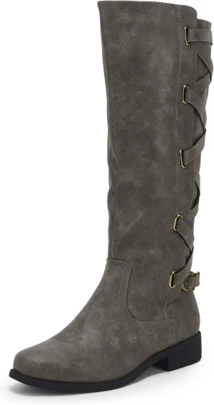Syktkmx Womens Strappy Motorcycle Knee High Boots Winter Lace Up Riding Flat Low Heel Shoes