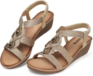 TEMOFON Womens Wedge Dressy Sandals: Elastic Ankle Strap Sandals - Summer Beach Open Toe - Comfortable Walking Sandals Size 5-11