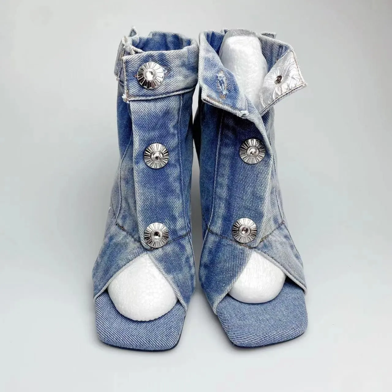 THESHY Women's Peep Toe Stiletto High Heel Ankle Denim Boots Metal Button Sandals Bootie Fashion Shoes for Women