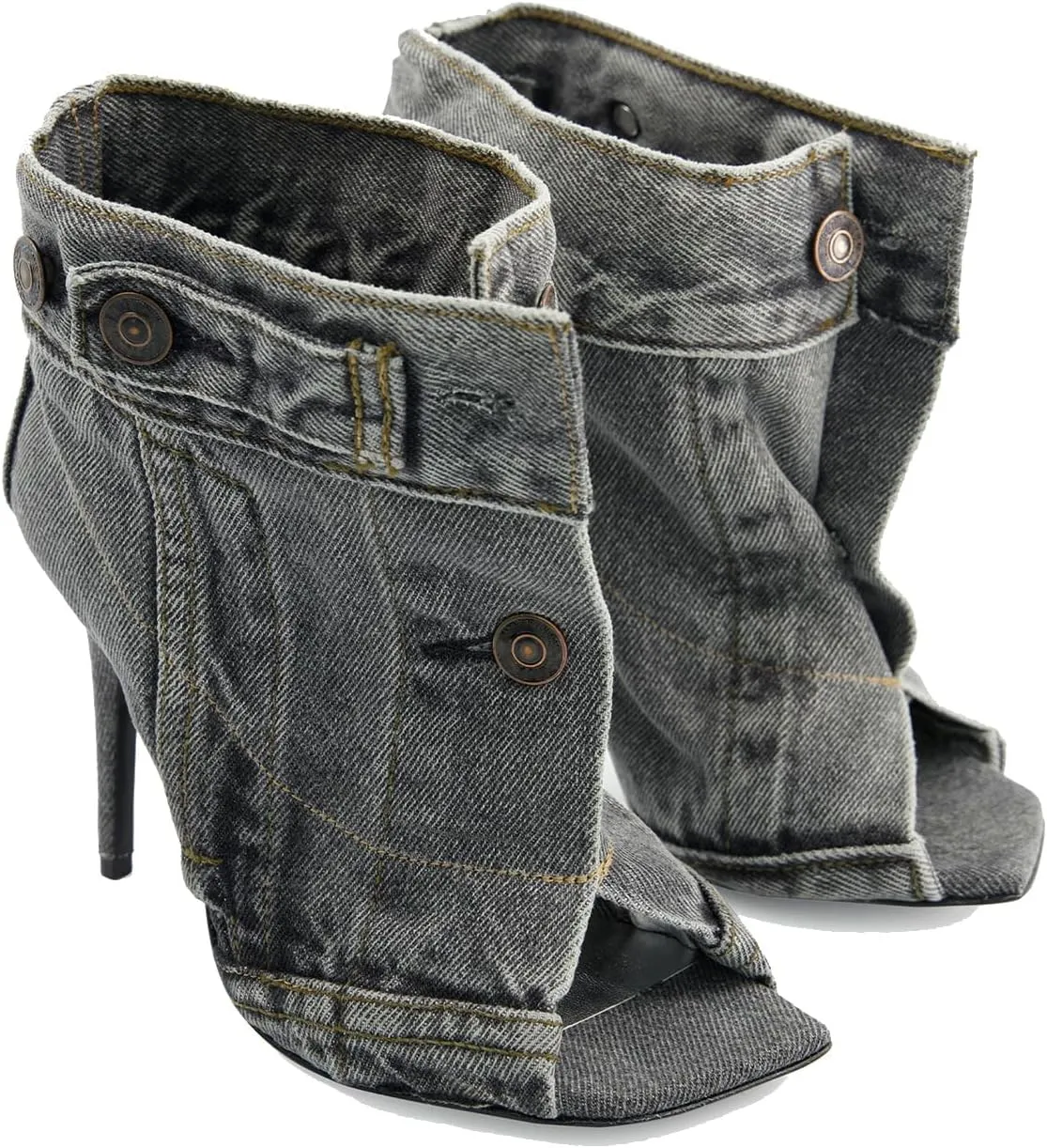 THESHY Women's Peep Toe Stiletto High Heel Ankle Denim Boots Metal Button Sandals Bootie Fashion Shoes for Women