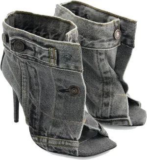 THESHY Women's Peep Toe Stiletto High Heel Ankle Denim Boots Metal Button Sandals Bootie Fashion Shoes for Women