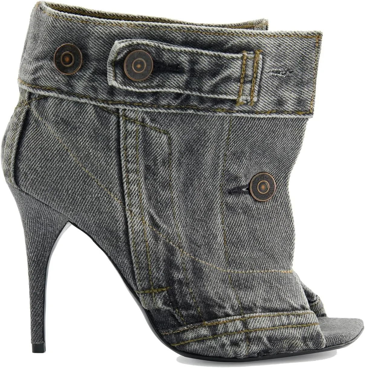 THESHY Women's Peep Toe Stiletto High Heel Ankle Denim Boots Metal Button Sandals Bootie Fashion Shoes for Women