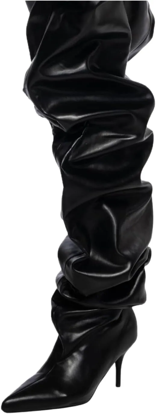 Thigh Knee High Boots For Women,Women's Pointed Toe Extra Wide Width Stiletto High Heel Pleated Fold Over Boot Wide Calf Pull-on Tall Boot Fashion Sexy Dress Boot Slouchy Ruched Slip On Boot