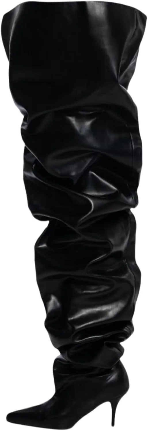 Thigh Knee High Boots For Women,Women's Pointed Toe Extra Wide Width Stiletto High Heel Pleated Fold Over Boot Wide Calf Pull-on Tall Boot Fashion Sexy Dress Boot Slouchy Ruched Slip On Boot