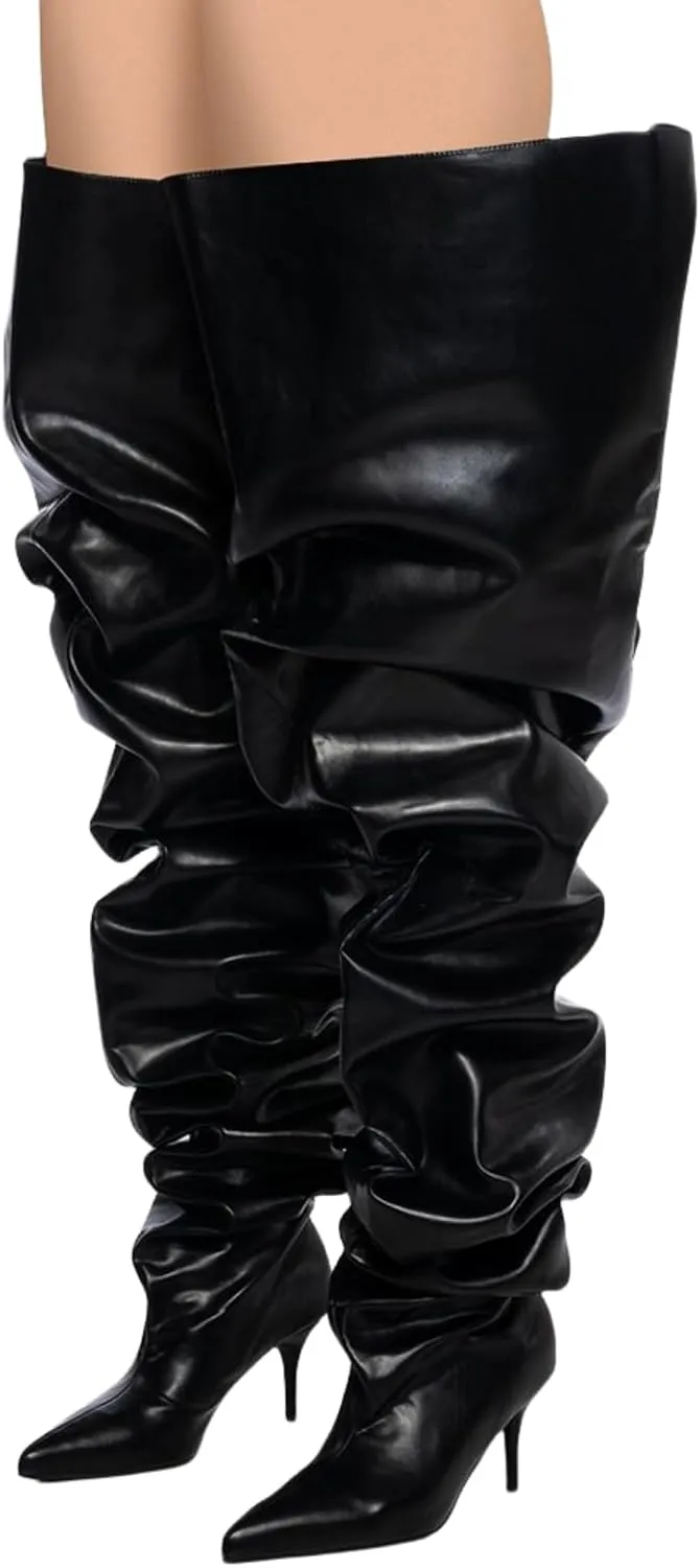 Thigh Knee High Boots For Women,Women's Pointed Toe Extra Wide Width Stiletto High Heel Pleated Fold Over Boot Wide Calf Pull-on Tall Boot Fashion Sexy Dress Boot Slouchy Ruched Slip On Boot