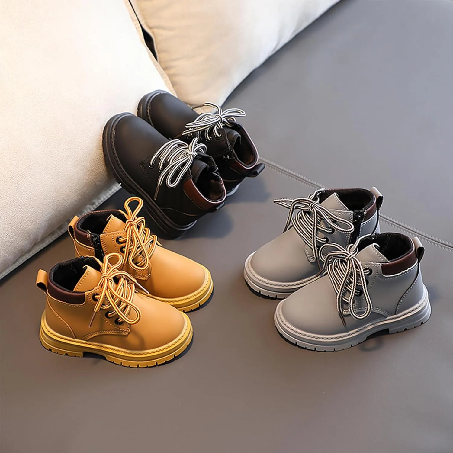 Toddler Boys Girls Boots Hiking Ankle Boots Outdoor Waterproof Kids Work Boots Winter Snow Boots Lace Up Zipper Combat Booties