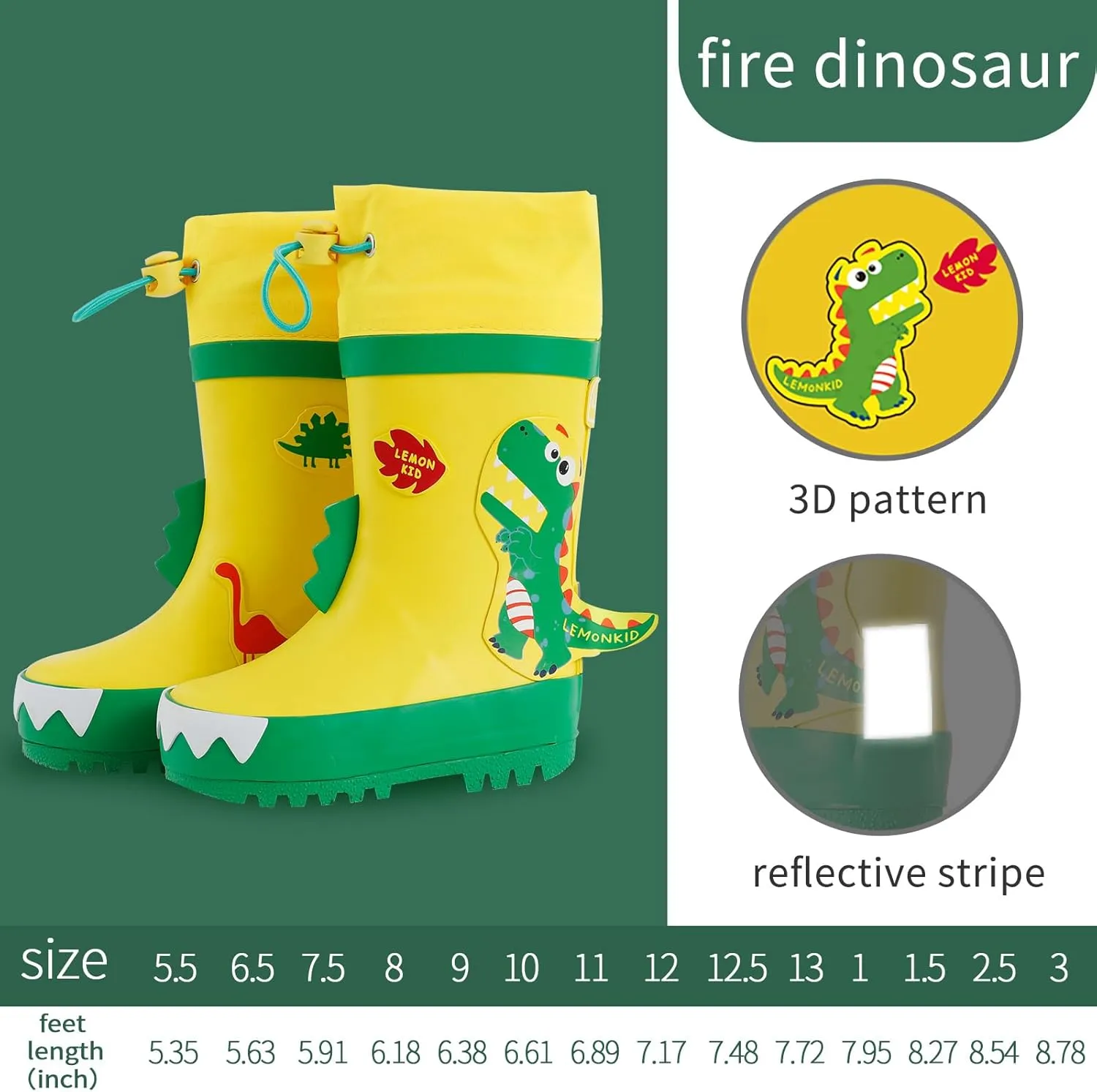 Toddler Kids Reflective Stripes Rain Boots Waterproof Rubber Boots in 3D Patterns for Boys and Girls