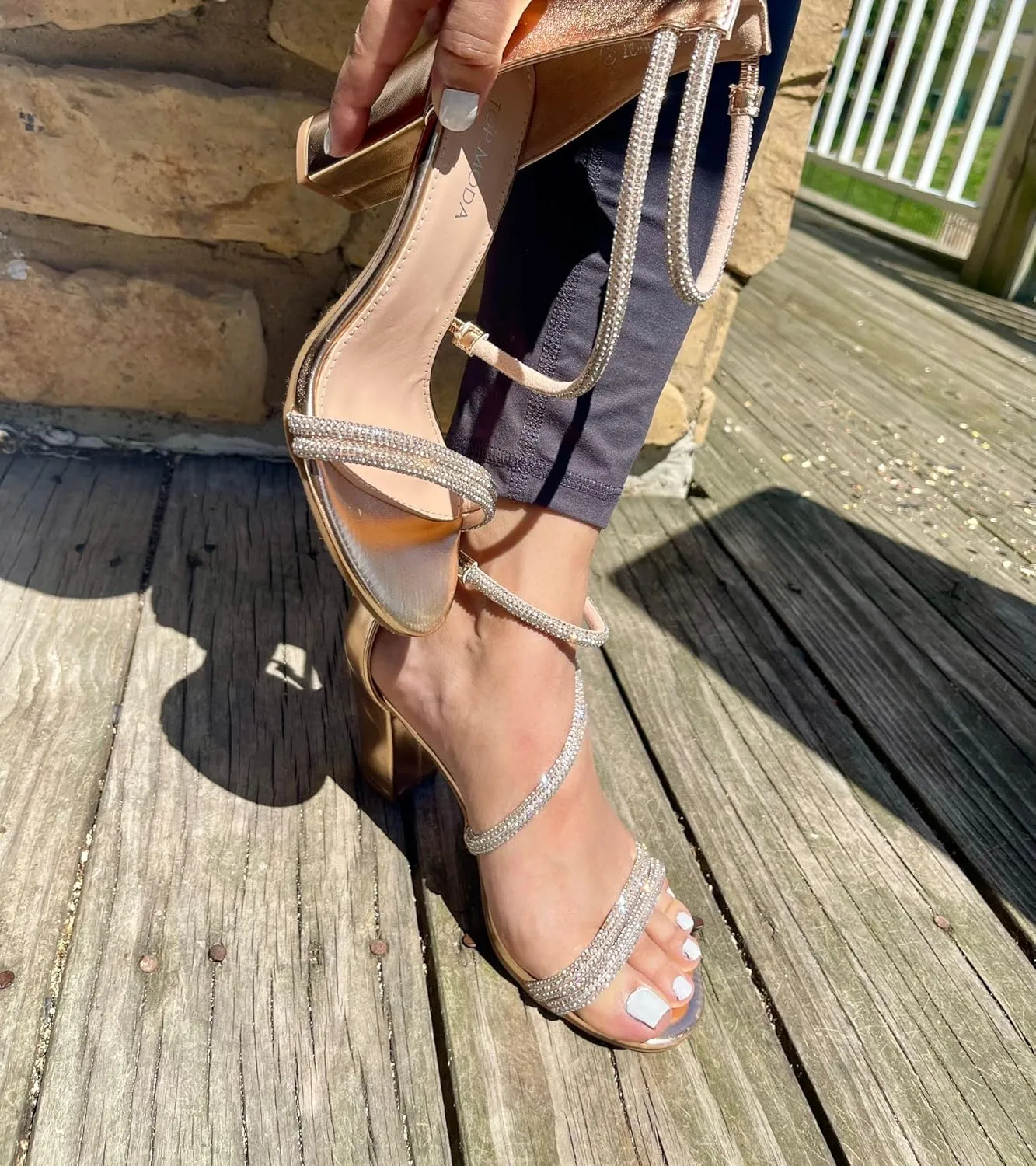 TOP Moda Women's Ankle Strap Open Toe Dressy Formal Strappy Rhinestone Chunky Heel Sandals, 6