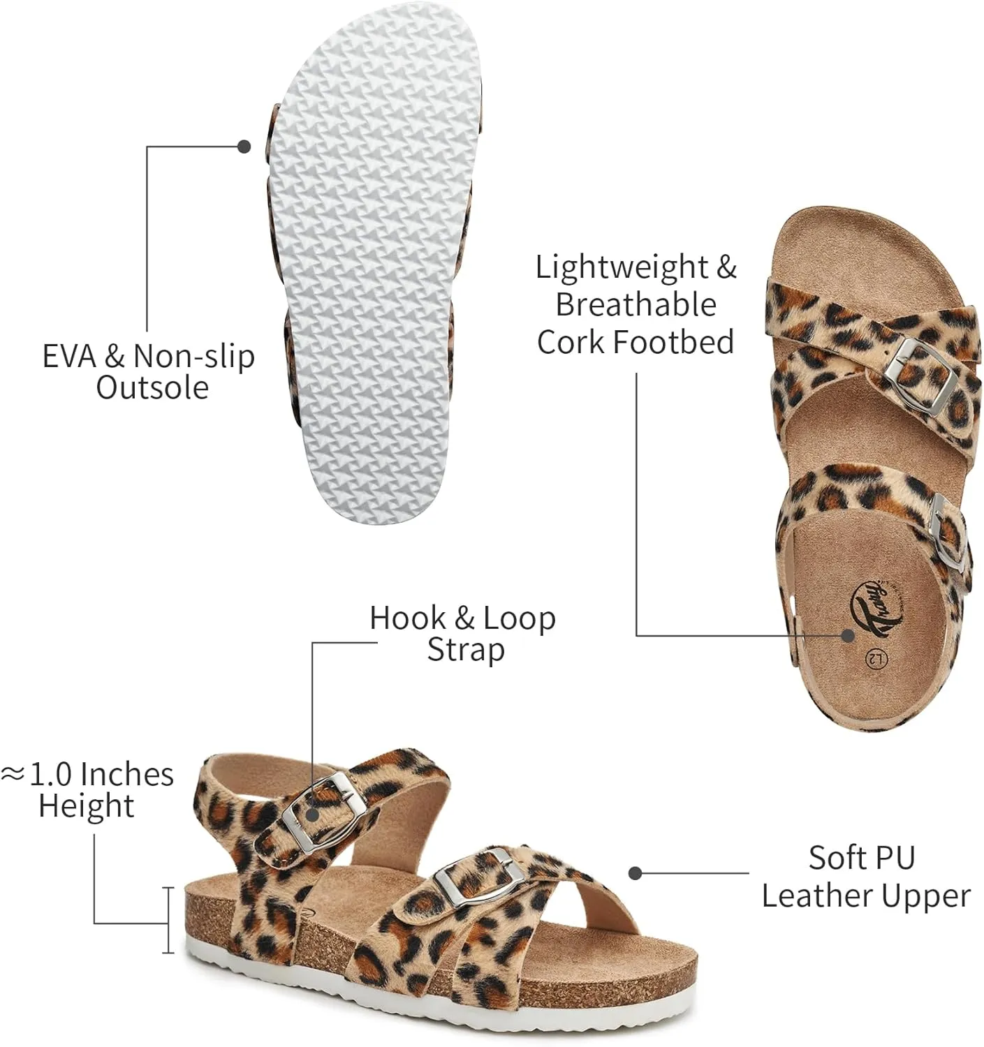 Trary Girls Sandals Open Toe Casual Summer Shoes with Cork Footbed Comfortable Flat Sandals for Little Kids