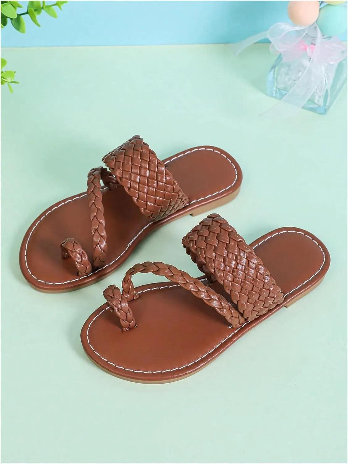 Verdusa Girl's Braided PU Leather Thong Sandals Woven Open Toe Slip on Slides Flip Flops