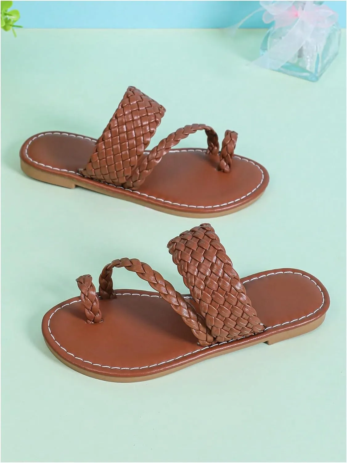 Verdusa Girl's Braided PU Leather Thong Sandals Woven Open Toe Slip on Slides Flip Flops