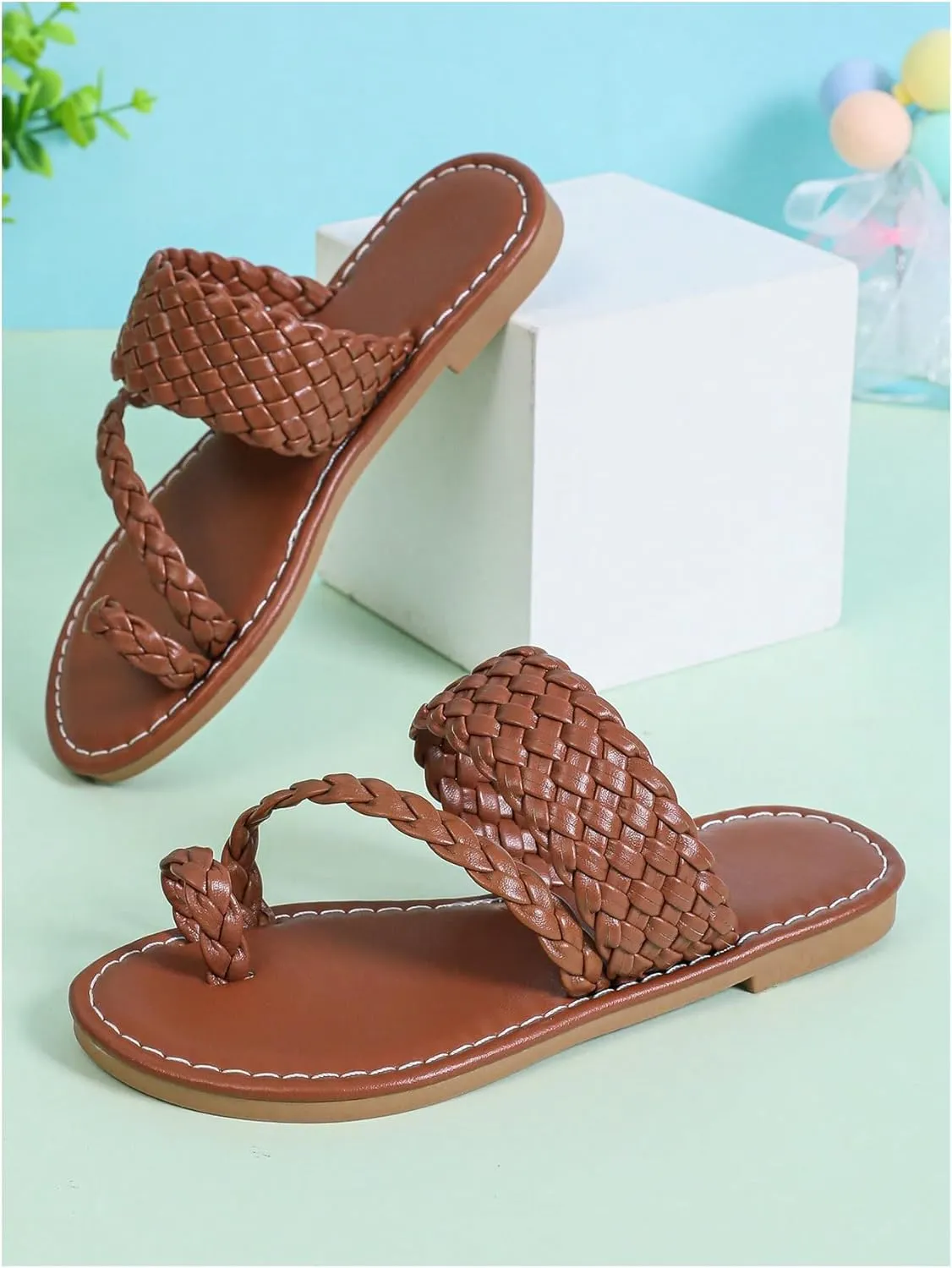 Verdusa Girl's Braided PU Leather Thong Sandals Woven Open Toe Slip on Slides Flip Flops