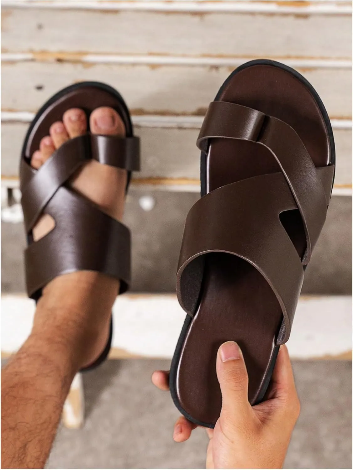 Verdusa Men's Casual Crisscross Leather Flip Flops Thong Sandals