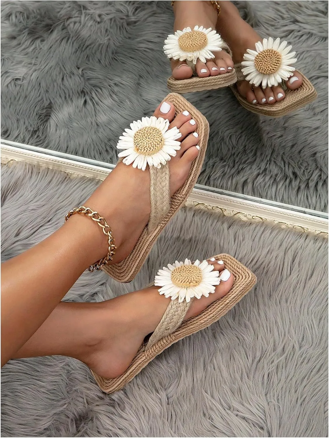 Verdusa Women's 3D Floral T Strap Thong Sandals Holiday Square Toe Slip on Flip Flops