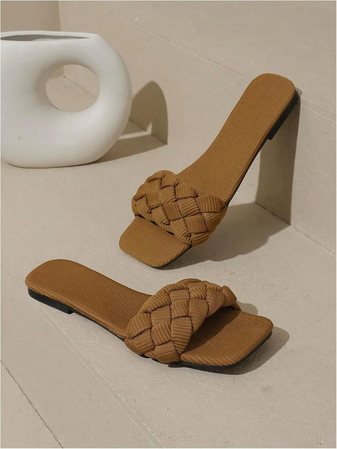Verdusa Women's Braided Flat Sandals Square Open Toe Woven Slip On Slide Sandals