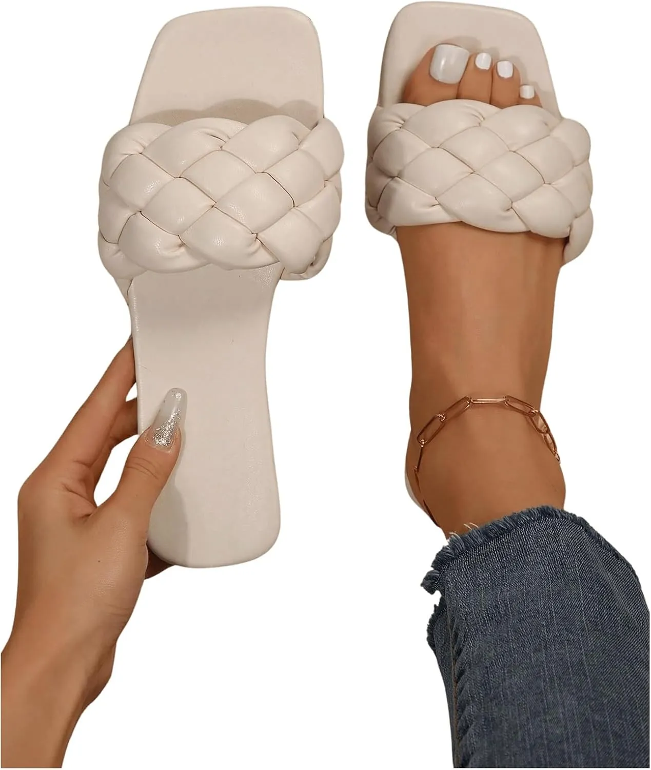 Verdusa Women's Braided Sandals Square Open Toe Slides Sandals Summer Shoes