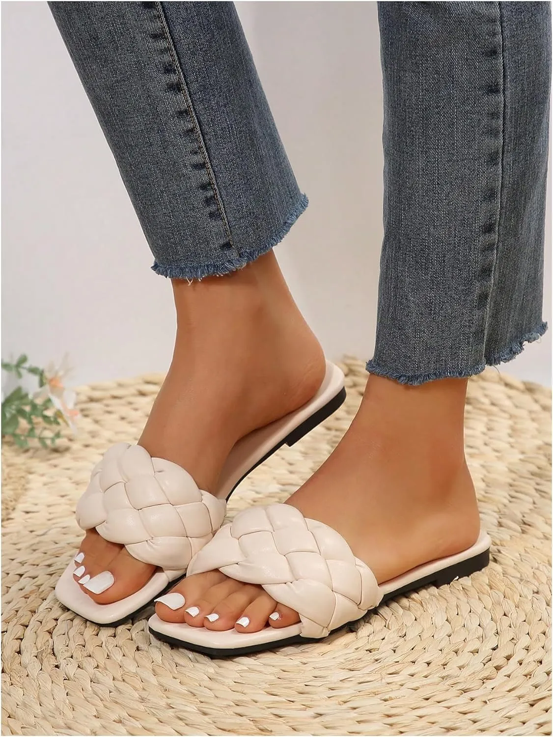 Verdusa Women's Braided Sandals Square Open Toe Slides Sandals Summer Shoes