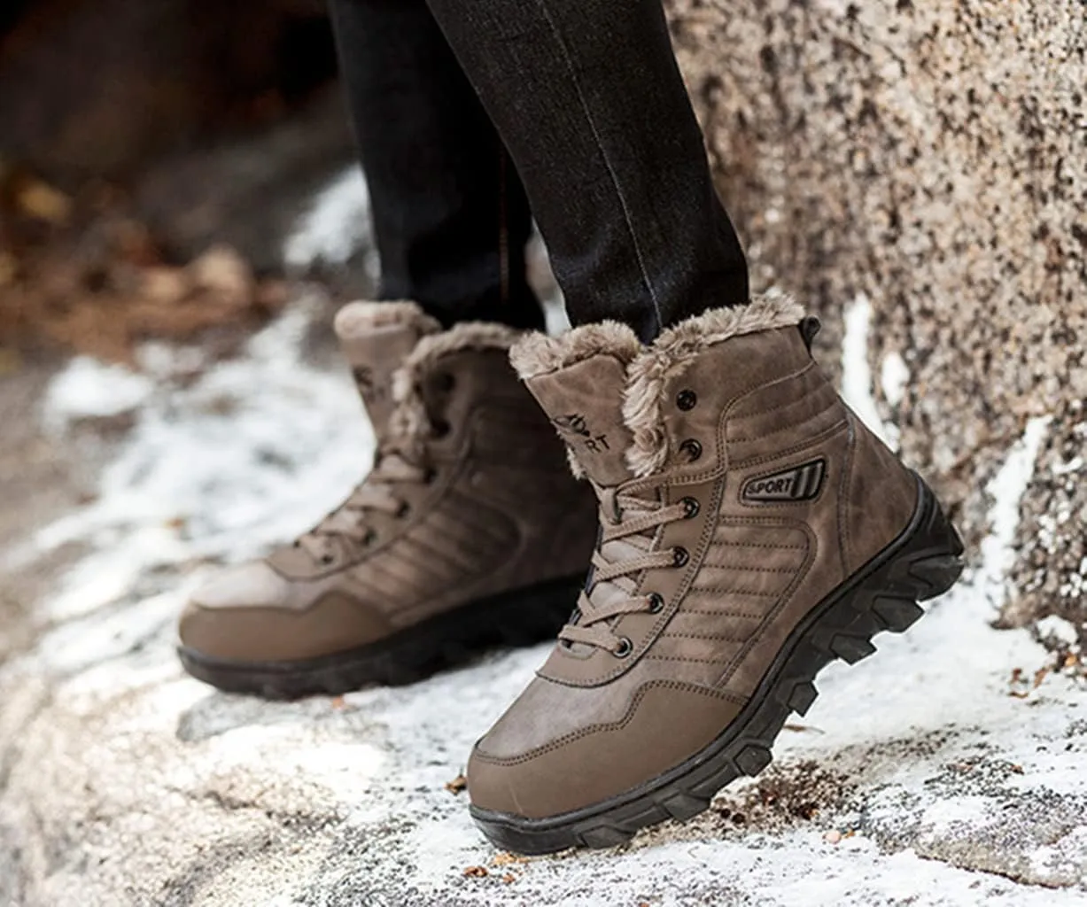 Veslexth Mens Winter Snow Boots Men Warm Lining Anti-Slip Mid Top Leather Sneakers for Hiking Working Driving Outdoor Trekking Hiker Waterpoor Lightweight Shoes