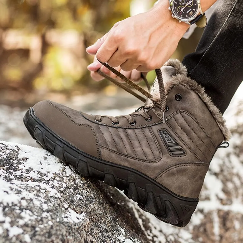 Veslexth Mens Winter Snow Boots Men Warm Lining Anti-Slip Mid Top Leather Sneakers for Hiking Working Driving Outdoor Trekking Hiker Waterpoor Lightweight Shoes