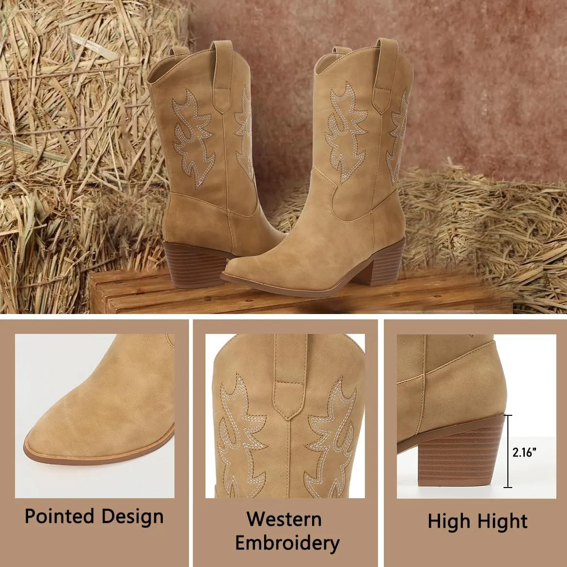 VIMISAOI Womens Cowboy Boots Comfortable Retro Pull On Pointed Toe Wide Calf Long Tall Block Chunky Heel Embroidered Western Cowgirl Mid Calf Boots