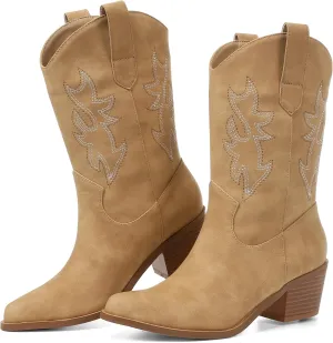 VIMISAOI Womens Cowboy Boots Comfortable Retro Pull On Pointed Toe Wide Calf Long Tall Block Chunky Heel Embroidered Western Cowgirl Mid Calf Boots