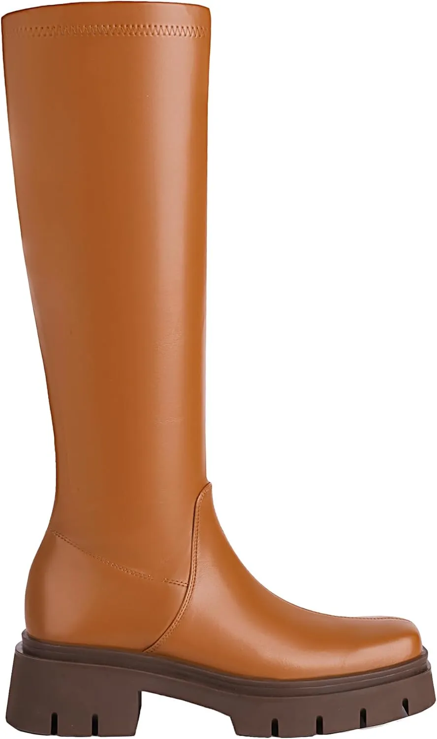 vivianly Women's Chunky Heel Knee high Boots Zipper Square Toe Platform Booties