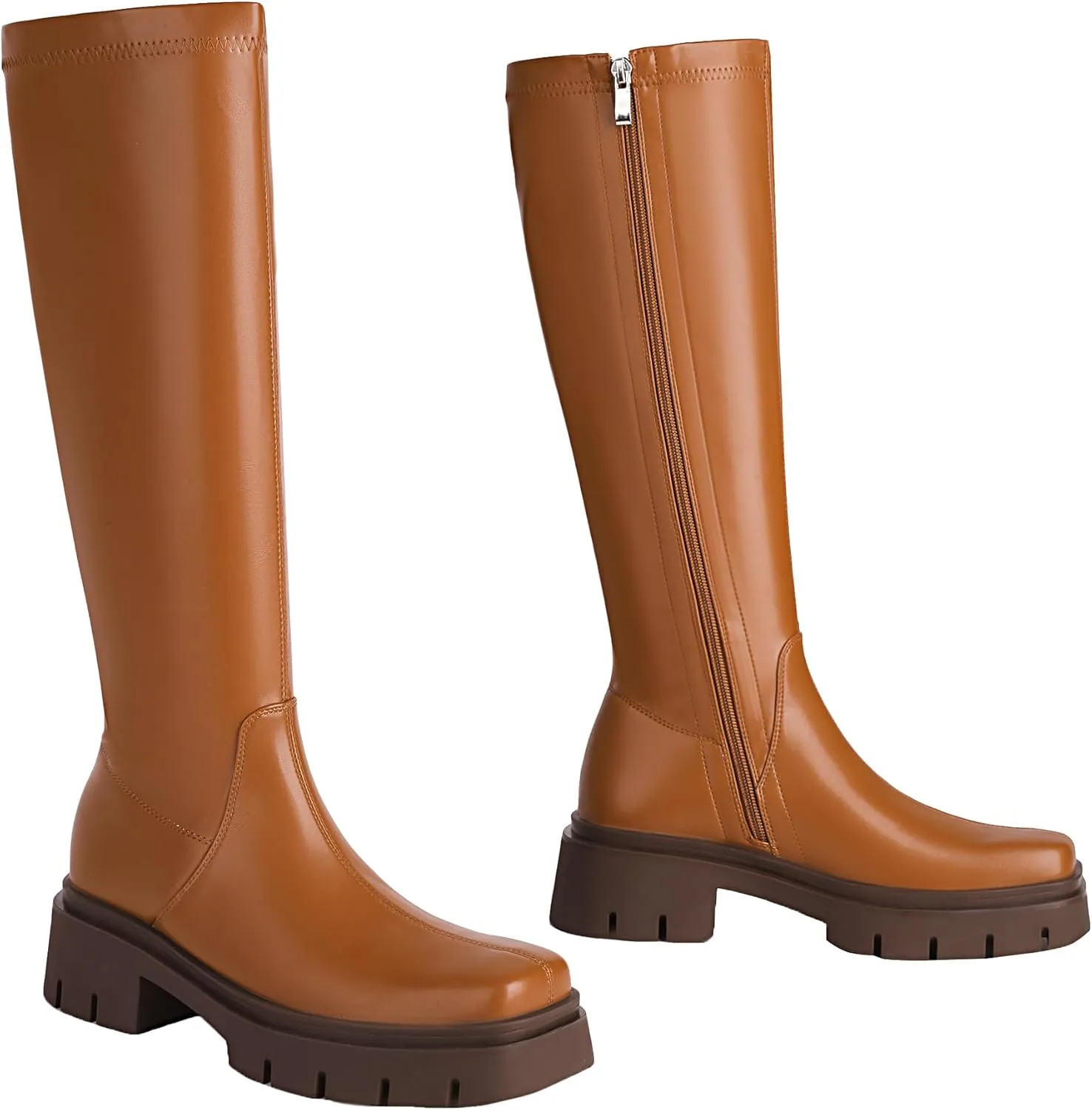 vivianly Women's Chunky Heel Knee high Boots Zipper Square Toe Platform Booties