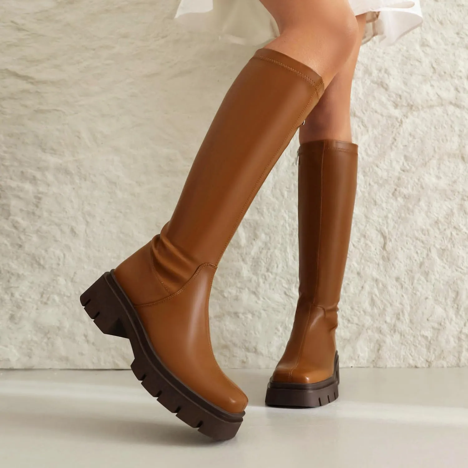 vivianly Women's Chunky Heel Knee high Boots Zipper Square Toe Platform Booties